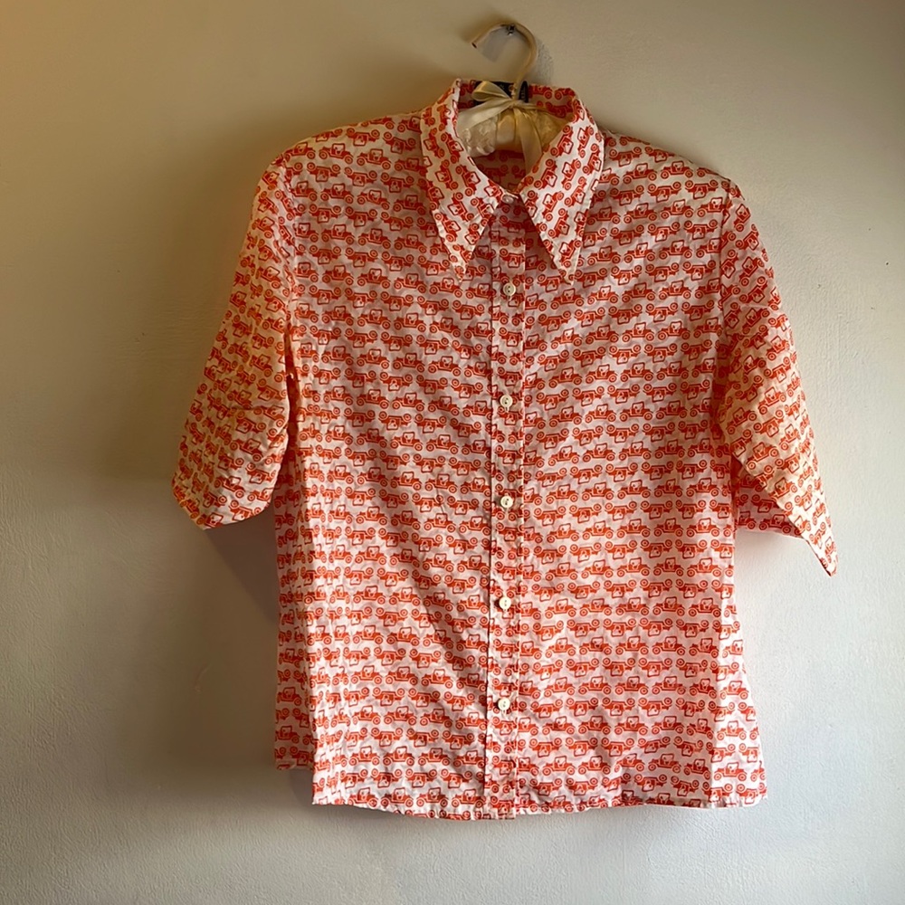 VINTAGE orange car print blouse size large